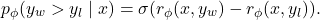 \[p_\phi(y_w > y_l \mid x) = \sigma(r_\phi(x, y_w) - r_\phi(x, y_l)).\]