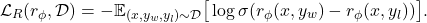 \[\mathcal{L}_R(r_\phi, \mathcal{D}) = -\mathbb{E}_{(x, y_w, y_l) \sim \mathcal{D}} \big[ \log \sigma(r_\phi(x, y_w) - r_\phi(x, y_l)) \big].\]