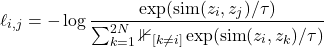 \[ \ell_{i,j} = -\log \frac{\exp(\text{sim}(z_i, z_j)/\tau)}{\sum_{k=1}^{2N} \mathbb{1}_{[k \neq i]} \exp(\text{sim}(z_i, z_k)/\tau)} \]