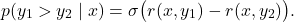 \[p(y_1 > y_2 \mid x) = \sigma\big(r(x, y_1) - r(x, y_2)\big).\]