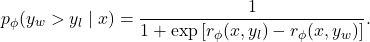 \[p_\phi(y_w > y_l \mid x) = \frac{1}{1 + \exp \left[ r_\phi(x, y_l) - r_\phi(x, y_w) \right]}.\]